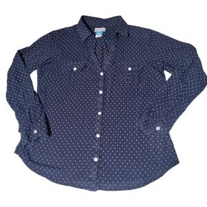 Columbia PFG Sz M Women's Shirt Blue White Dot L/S Cotton Roll Tab - fade